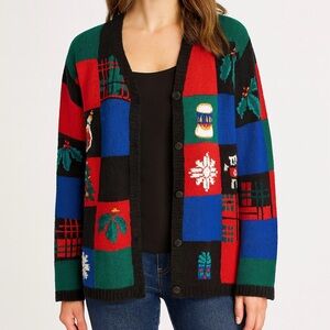 Foxcroft Vintage Colorful Patchwork Women's Cardigan Christmas Sweater Medium